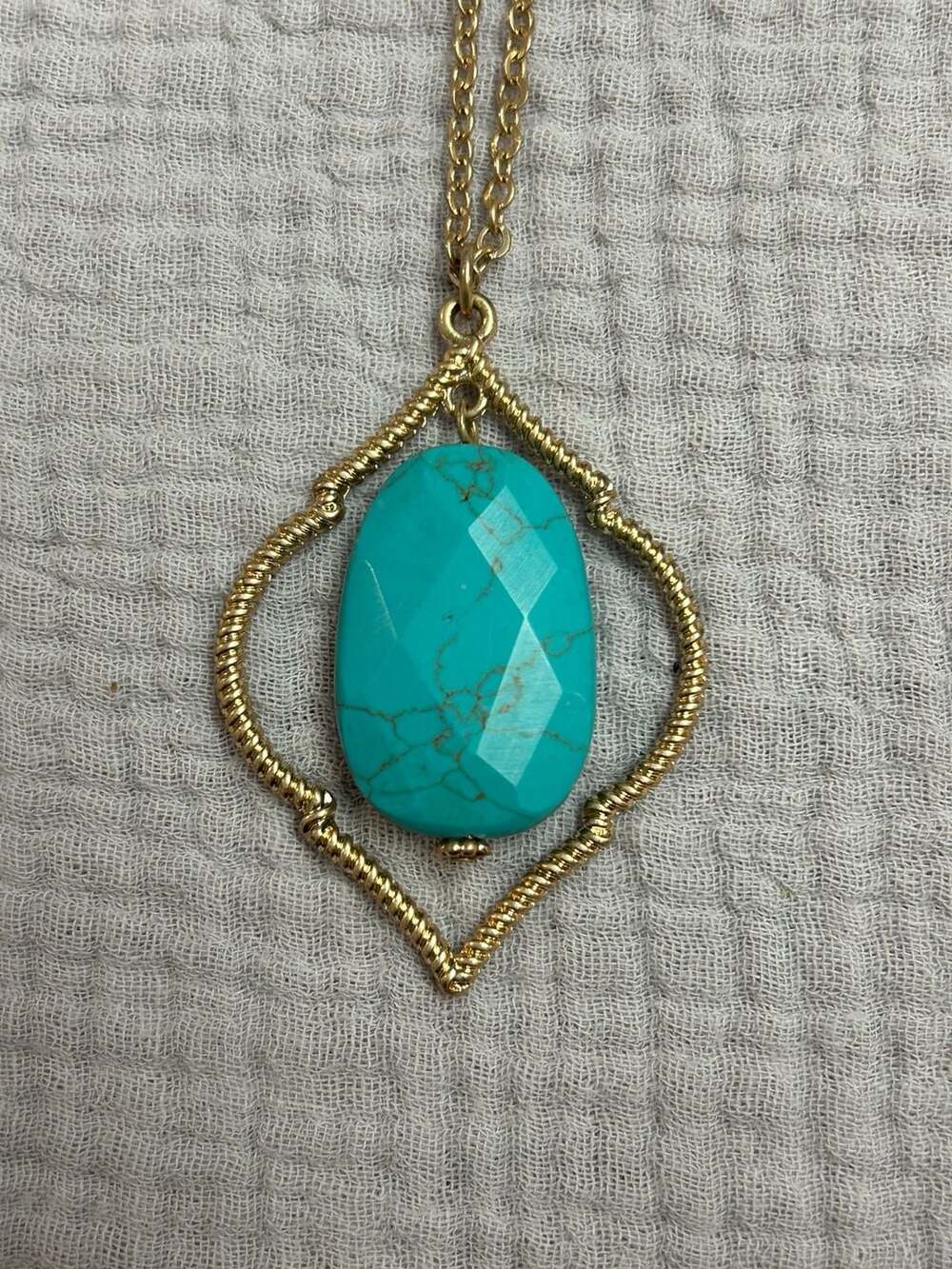 Gold-Tone Wire Wrapped Faceted Turquoise Pendant Necklace
